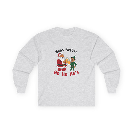 Illustration of Santa Claus and an elf clinking beer glasses with the phrase “Bros Before Ho Ho Ho’s” in a retro Christmas design.