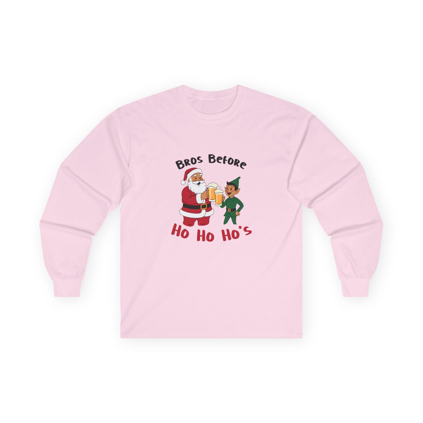 Illustration of Santa Claus and an elf clinking beer glasses with the phrase “Bros Before Ho Ho Ho’s” in a retro Christmas design.