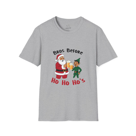 Illustration of Santa Claus and an elf clinking beer glasses with the phrase “Bros Before Ho Ho Ho’s” in a retro Christmas shirt design.