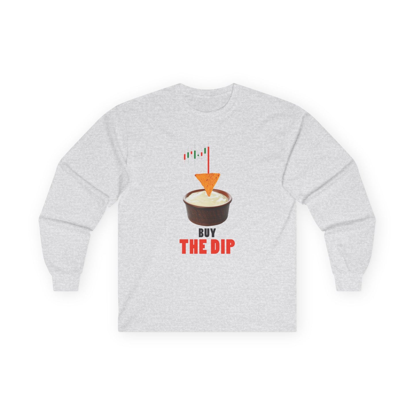 “Buy the Dip t-shirt design with nacho chip in dip bowl and candlestick chart, last red candle dropping into the dip.