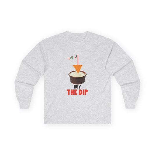 “Buy the Dip t-shirt design with nacho chip in dip bowl and candlestick chart, last red candle dropping into the dip.