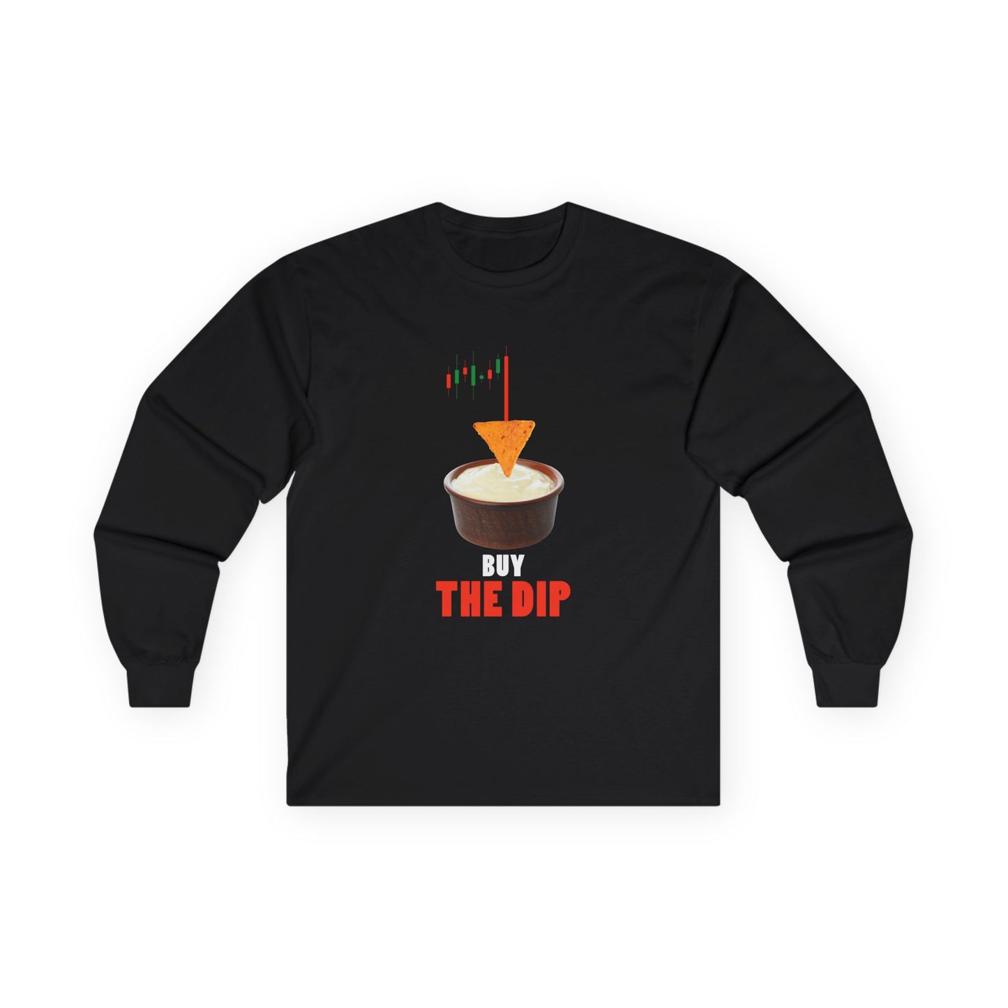 “Buy the Dip t-shirt design with nacho chip in dip bowl and candlestick chart, last red candle dropping into the dip.