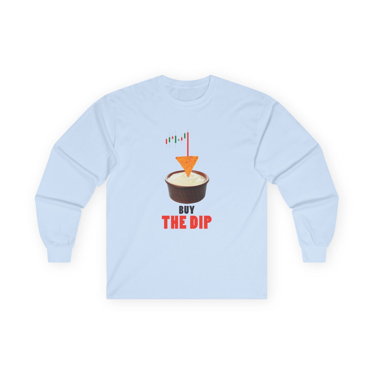 “Buy the Dip t-shirt design with nacho chip in dip bowl and candlestick chart, last red candle dropping into the dip.