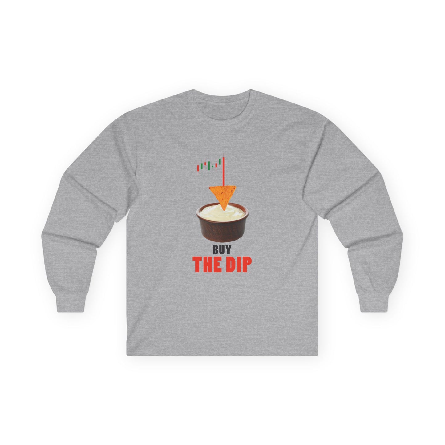 “Buy the Dip t-shirt design with nacho chip in dip bowl and candlestick chart, last red candle dropping into the dip.
