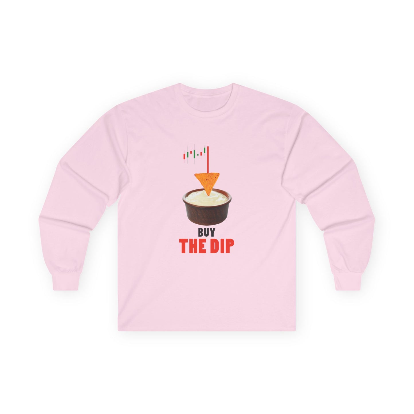 “Buy the Dip t-shirt design with nacho chip in dip bowl and candlestick chart, last red candle dropping into the dip.