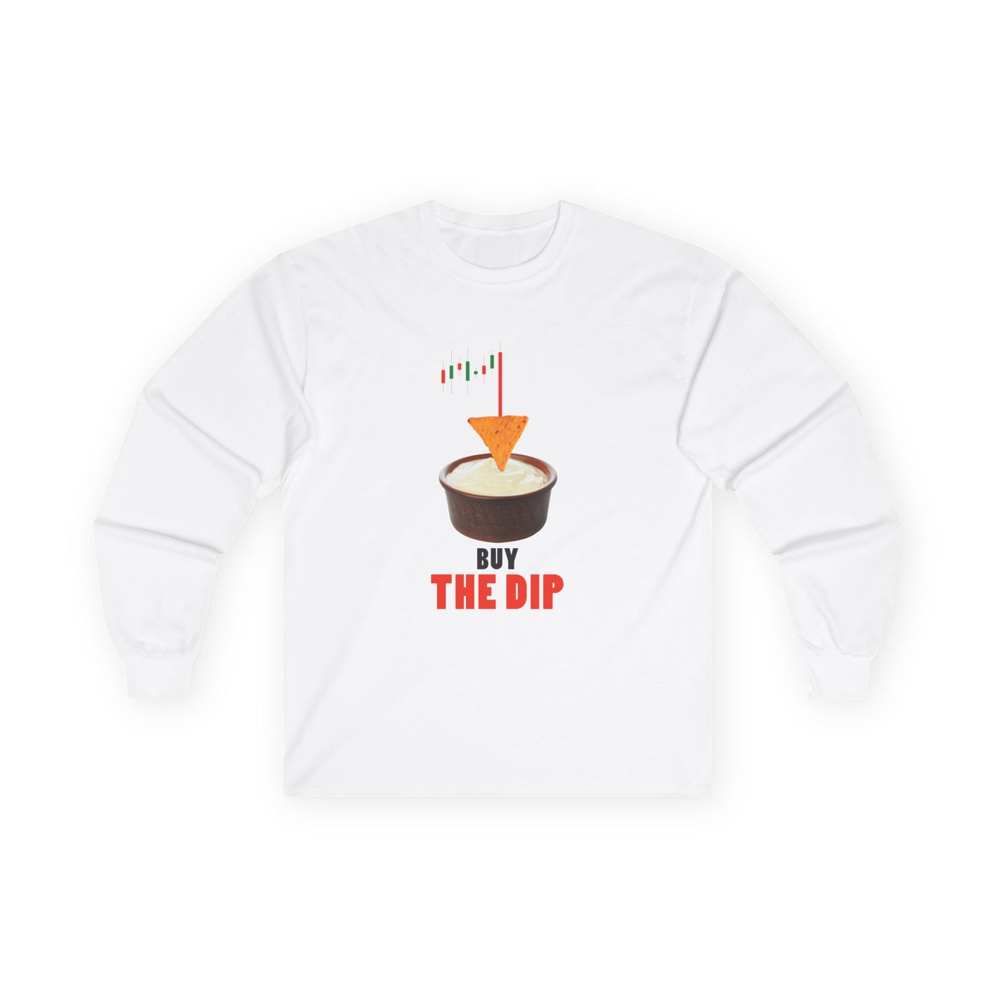 “Buy the Dip t-shirt design with nacho chip in dip bowl and candlestick chart, last red candle dropping into the dip.