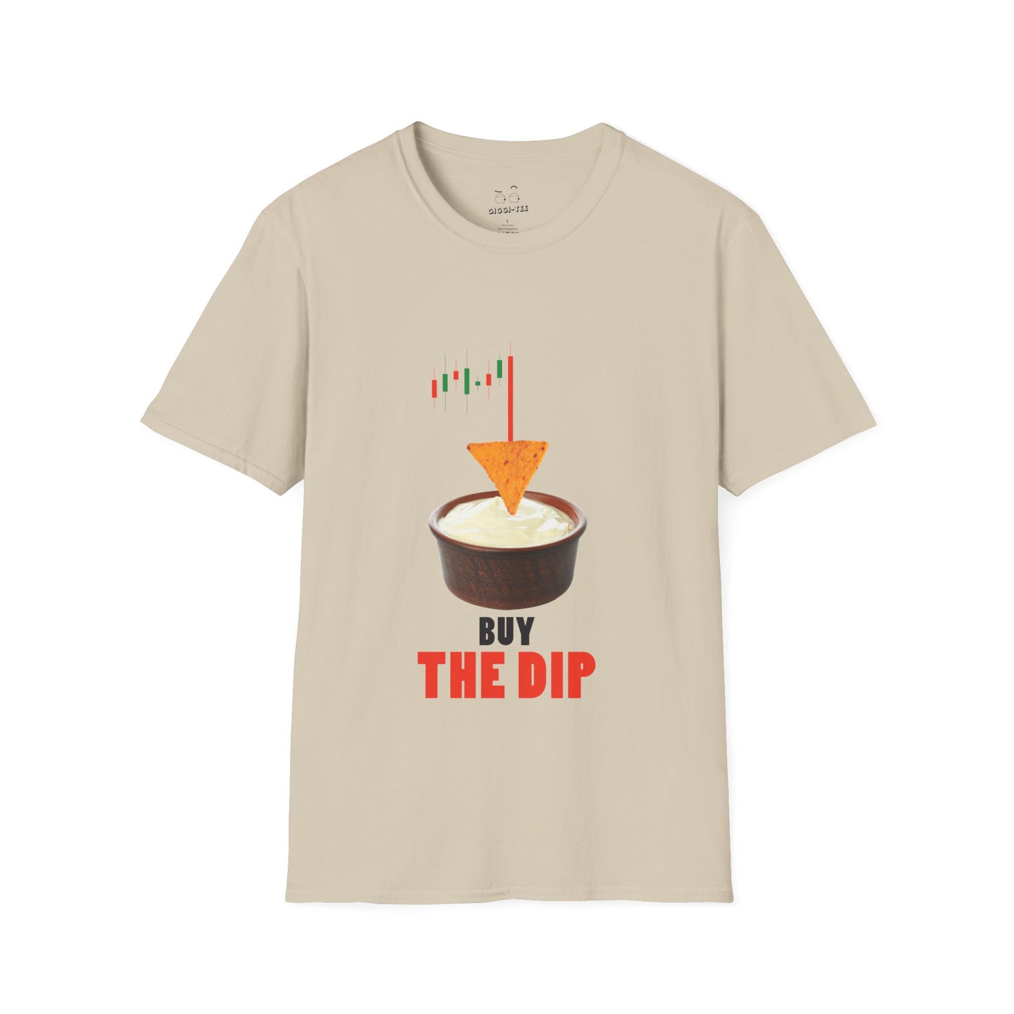 “Buy the Dip t-shirt design with nacho chip in dip bowl and candlestick chart, last red candle dropping into the dip.