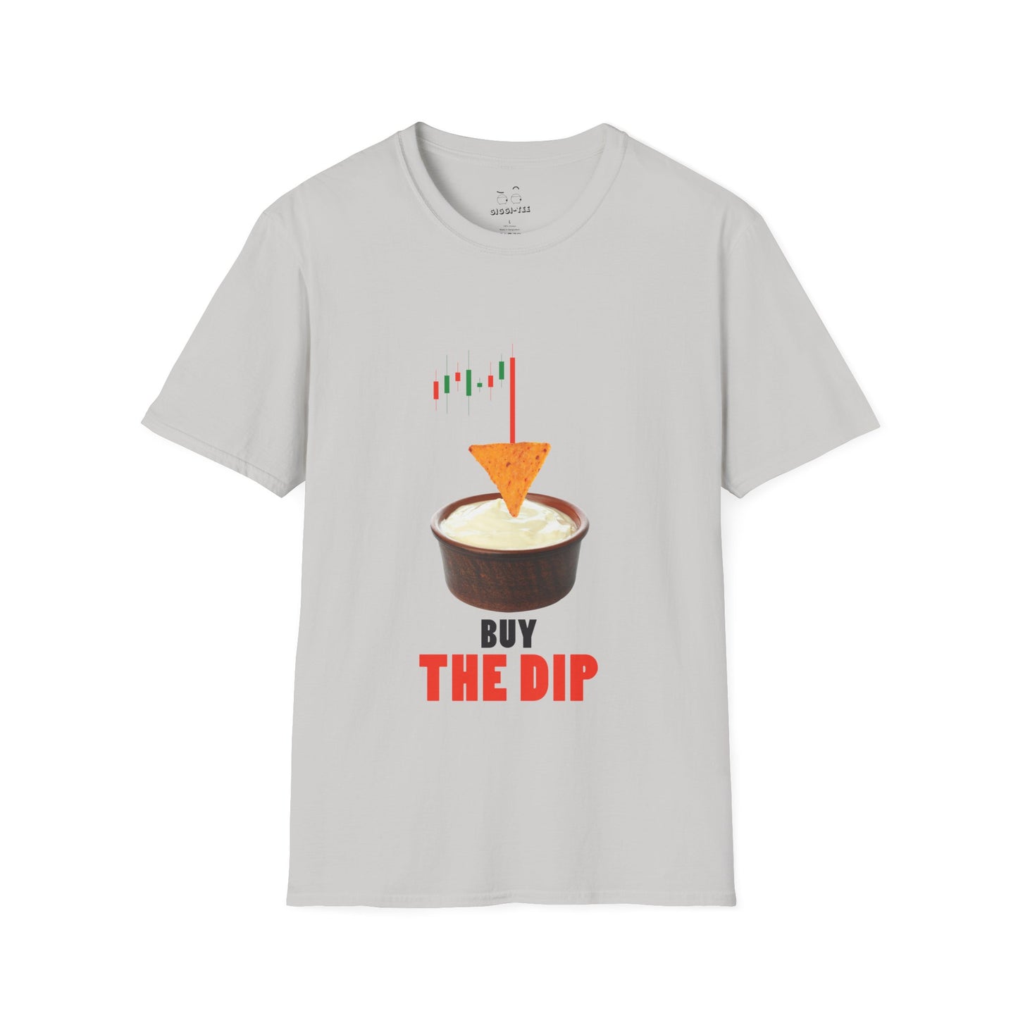 “Buy the Dip t-shirt design with nacho chip in dip bowl and candlestick chart, last red candle dropping into the dip.