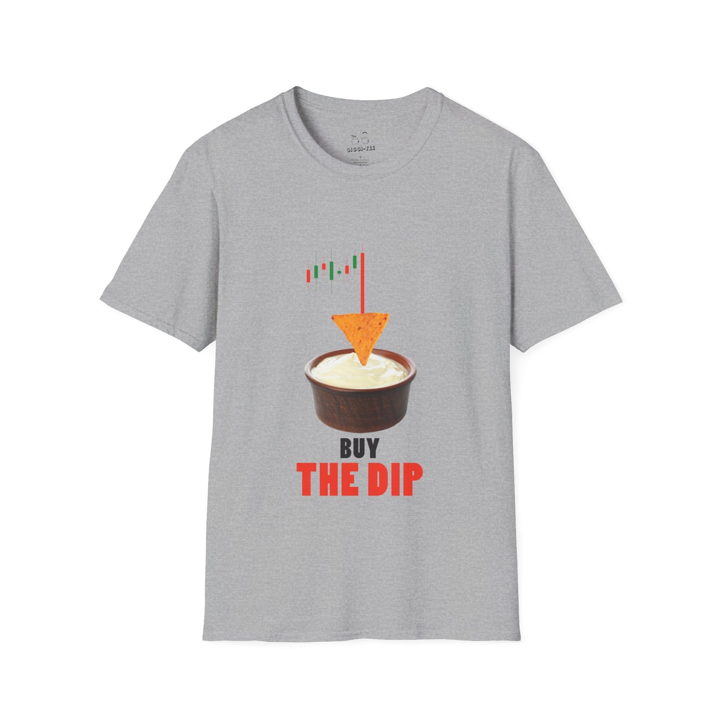 “Buy the Dip t-shirt design with nacho chip in dip bowl and candlestick chart, last red candle dropping into the dip.