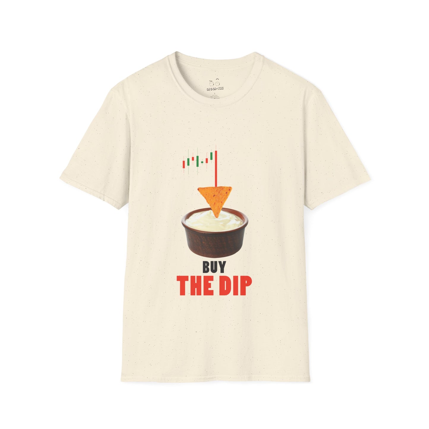 “Buy the Dip t-shirt design with nacho chip in dip bowl and candlestick chart, last red candle dropping into the dip.