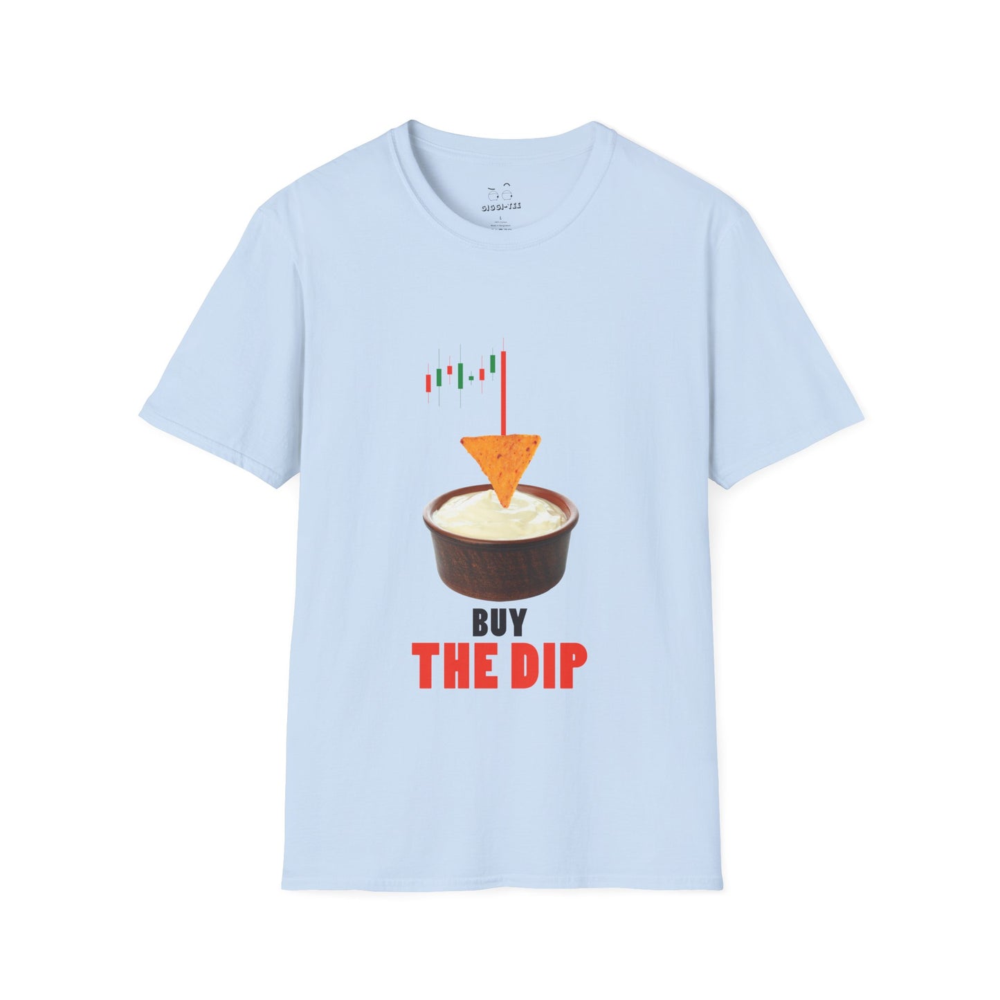 “Buy the Dip t-shirt design with nacho chip in dip bowl and candlestick chart, last red candle dropping into the dip.