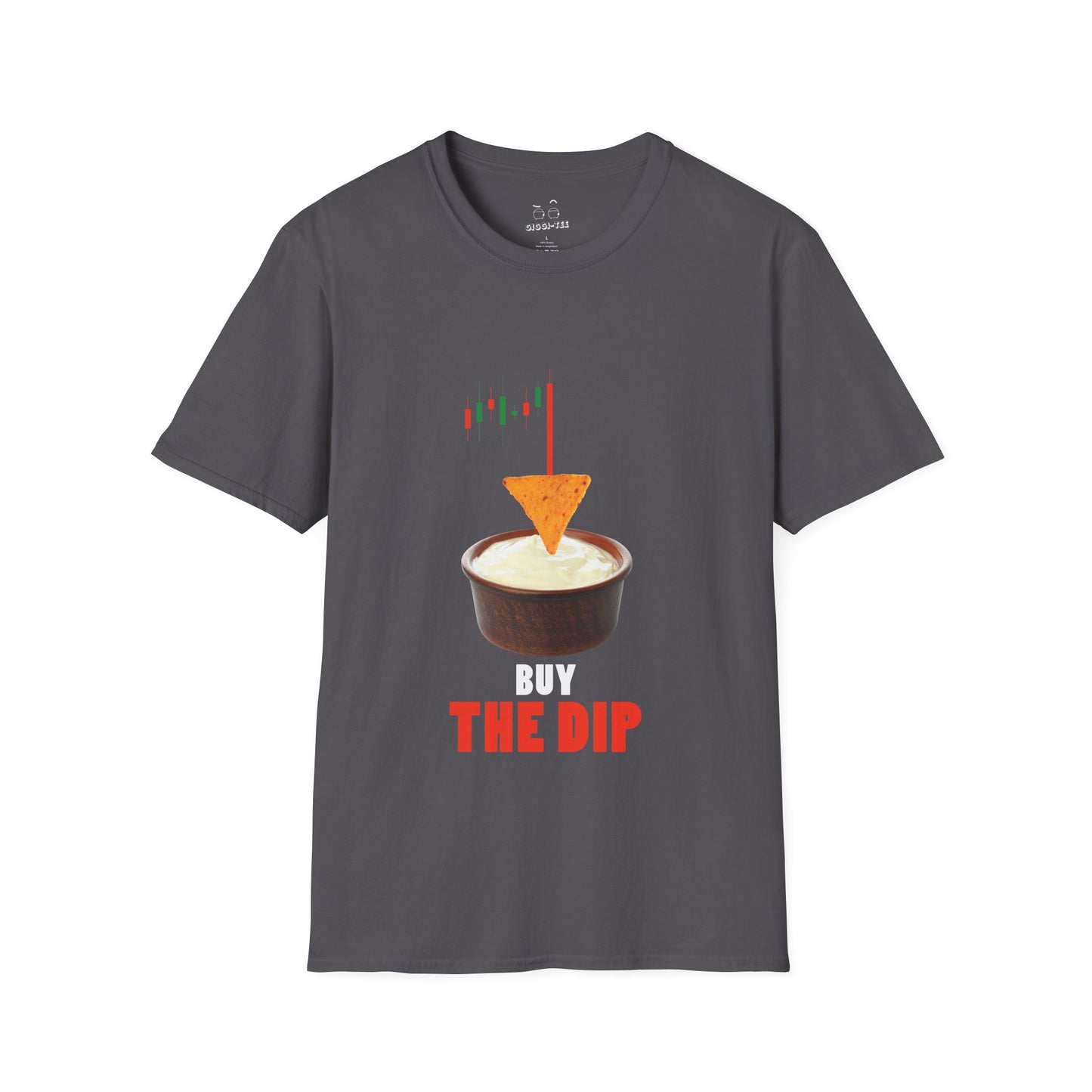 “Buy the Dip t-shirt design with nacho chip in dip bowl and candlestick chart, last red candle dropping into the dip.