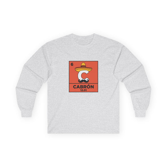 Periodic table element Carbon transformed into Cabrón wearing a sombrero and Mexican mustache in a humorous parody long sleeve shirt design.