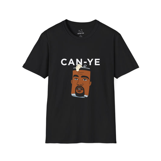 Funny pop culture shirt design showing a metal can with Kanye West’s face, a clever wordplay on “Can Ye” parodying Kanye.