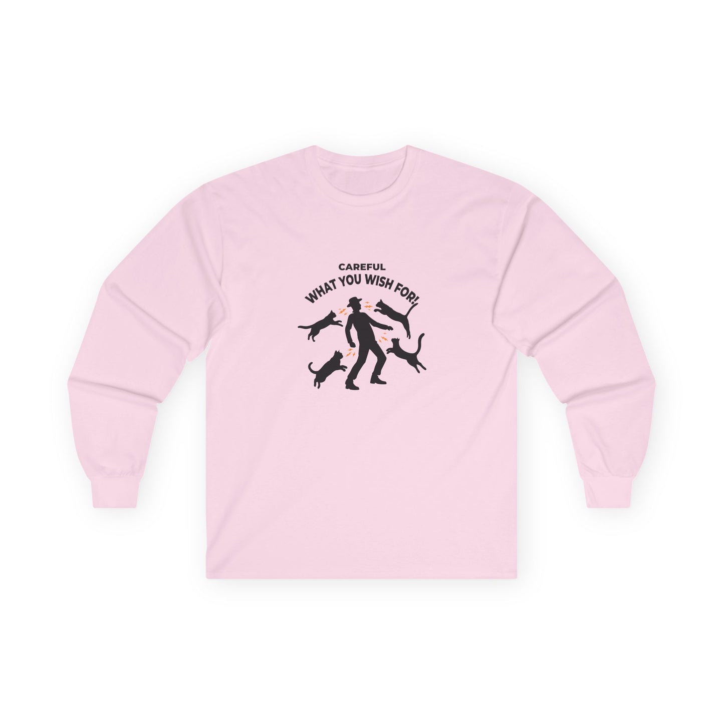 Pussy Magnet (Careful What You Wish For) shirt showing a silhouette man attracting multiple cats like a magnet humorous cat pun design