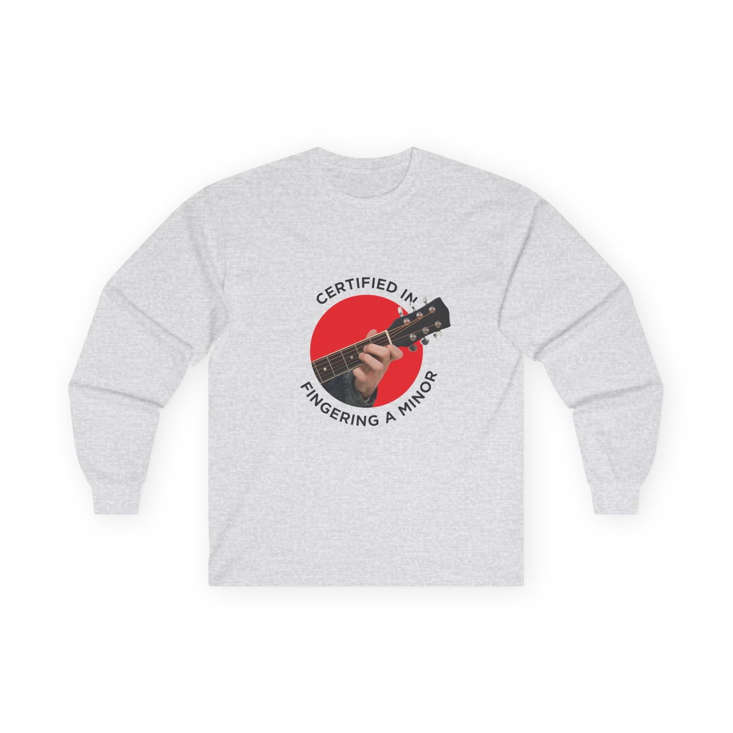 Funny t-shirt showing a hand fingering the A minor guitar chord with the phrase “Certified in Fingering A Minor,” cheeky pun for musicians.