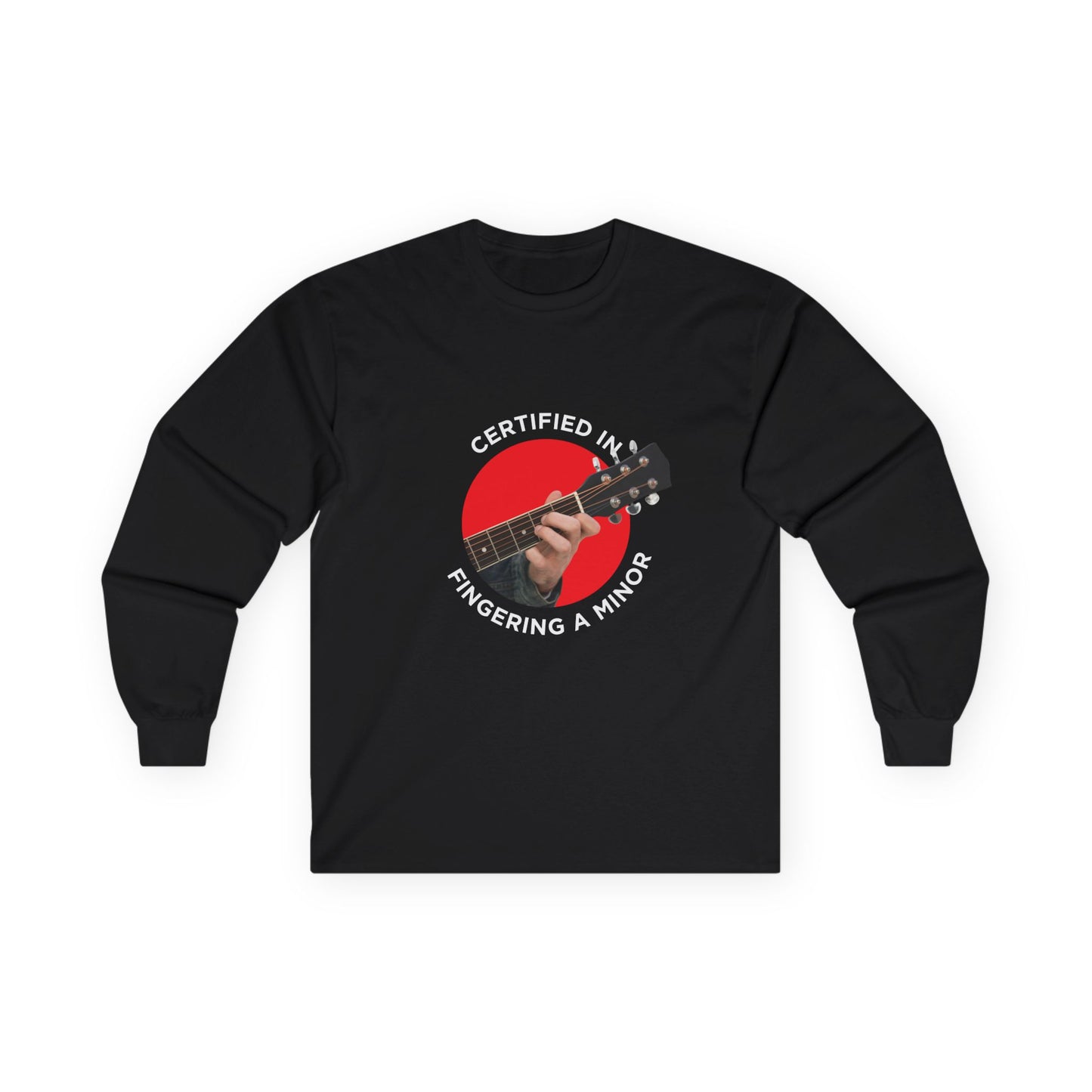 Funny t-shirt showing a hand fingering the A minor guitar chord with the phrase “Certified in Fingering A Minor,” cheeky pun for musicians.