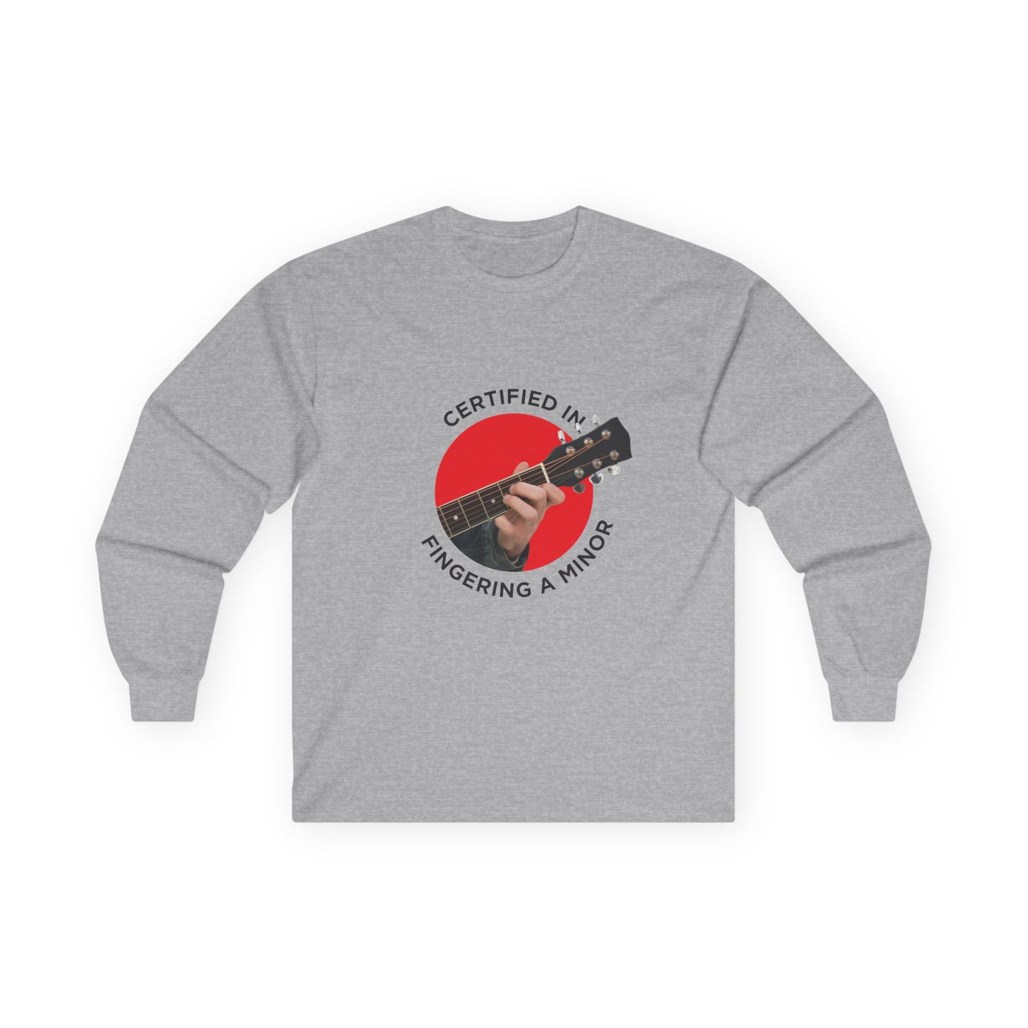Funny t-shirt showing a hand fingering the A minor guitar chord with the phrase “Certified in Fingering A Minor,” cheeky pun for musicians.