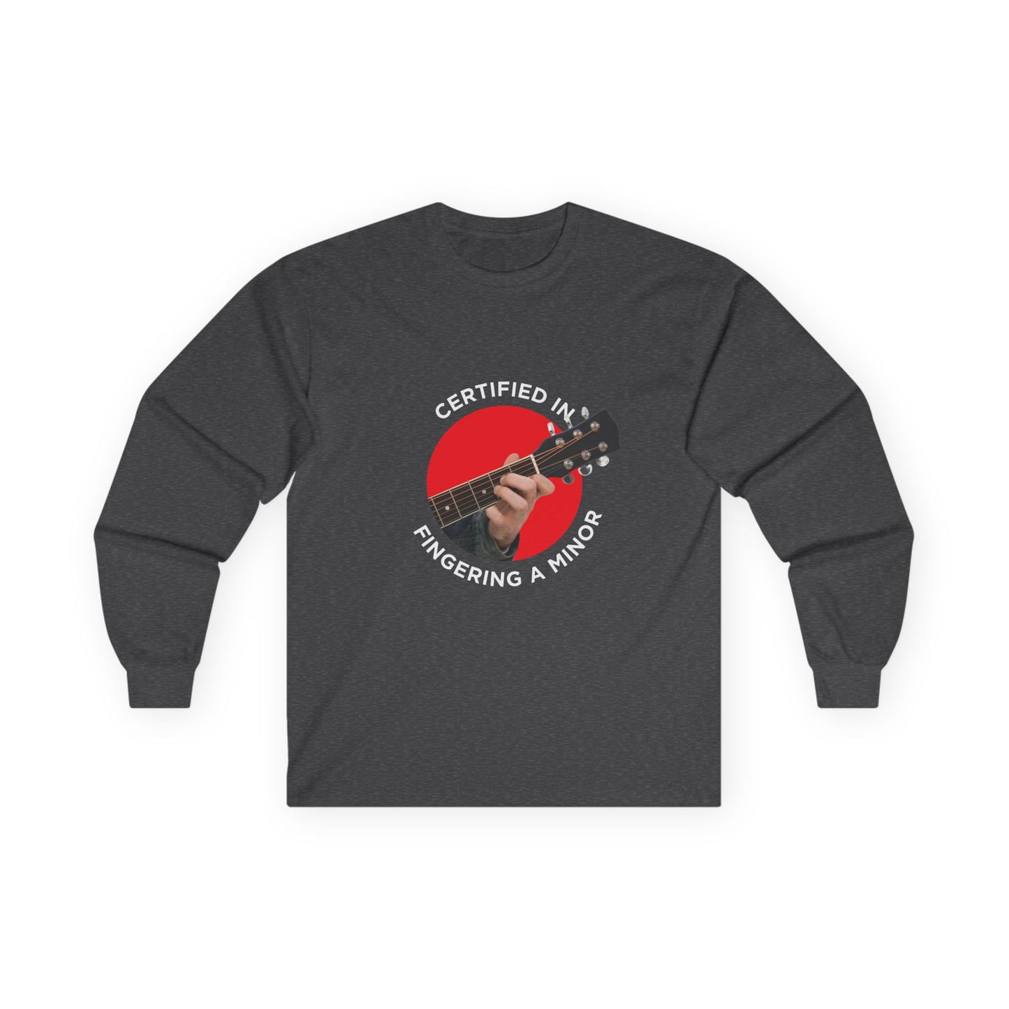 Funny t-shirt showing a hand fingering the A minor guitar chord with the phrase “Certified in Fingering A Minor,” cheeky pun for musicians.
