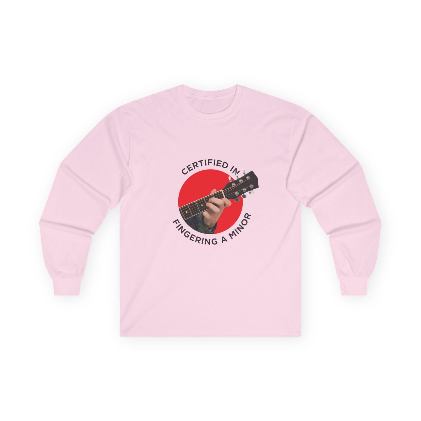 Funny t-shirt showing a hand fingering the A minor guitar chord with the phrase “Certified in Fingering A Minor,” cheeky pun for musicians.
