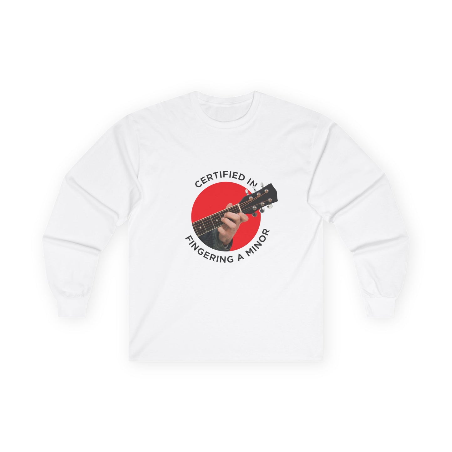 Funny t-shirt showing a hand fingering the A minor guitar chord with the phrase “Certified in Fingering A Minor,” cheeky pun for musicians.
