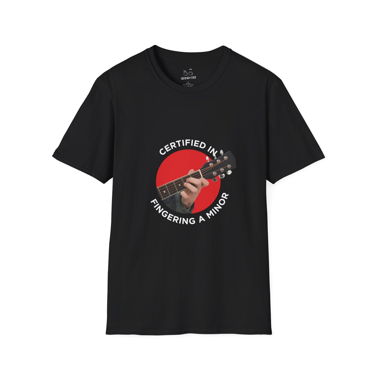 Funny t-shirt showing a hand fingering the A minor guitar chord with the phrase “Certified in Fingering A Minor,” cheeky pun for musicians.