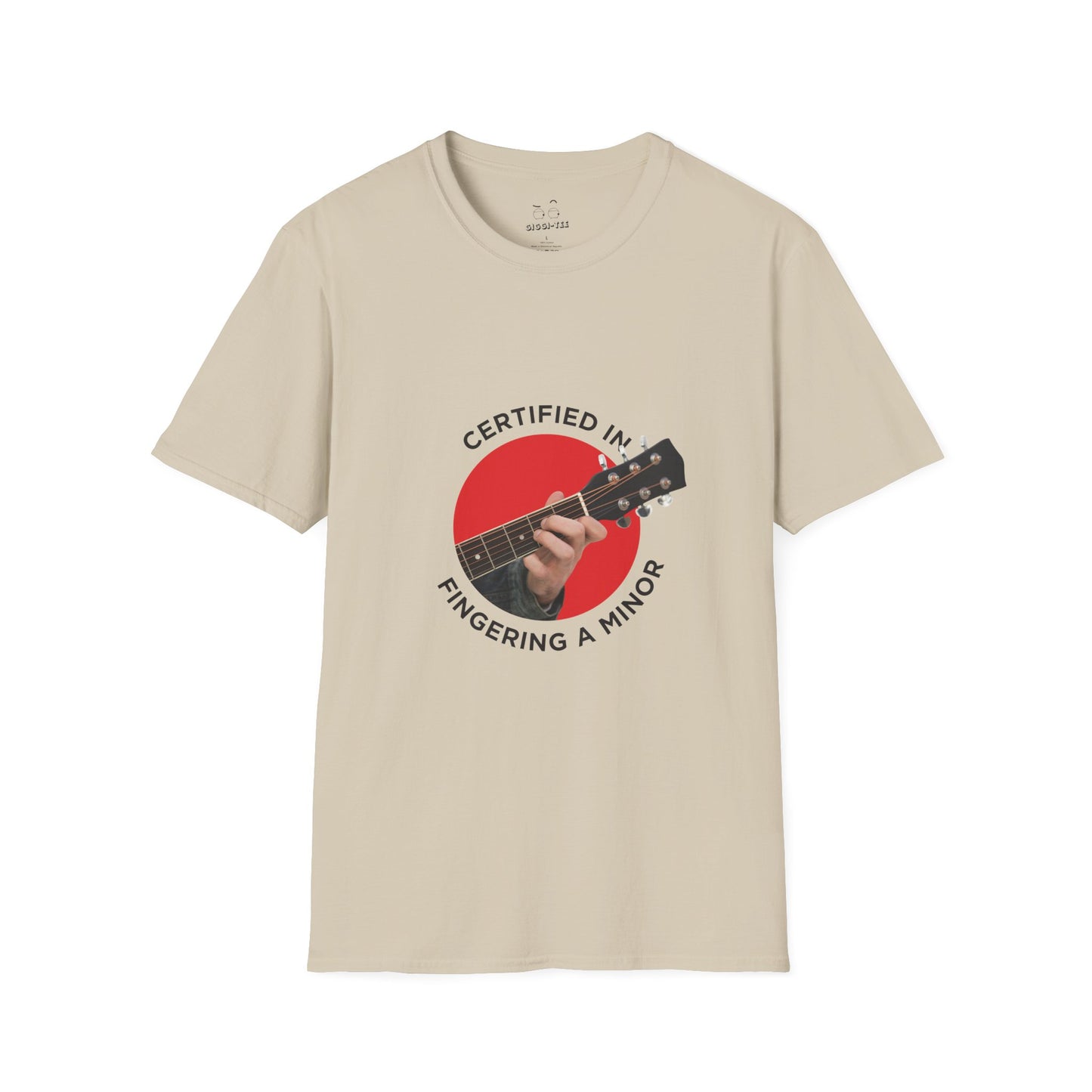 Funny t-shirt showing a hand fingering the A minor guitar chord with the phrase “Certified in Fingering A Minor,” cheeky pun for musicians.