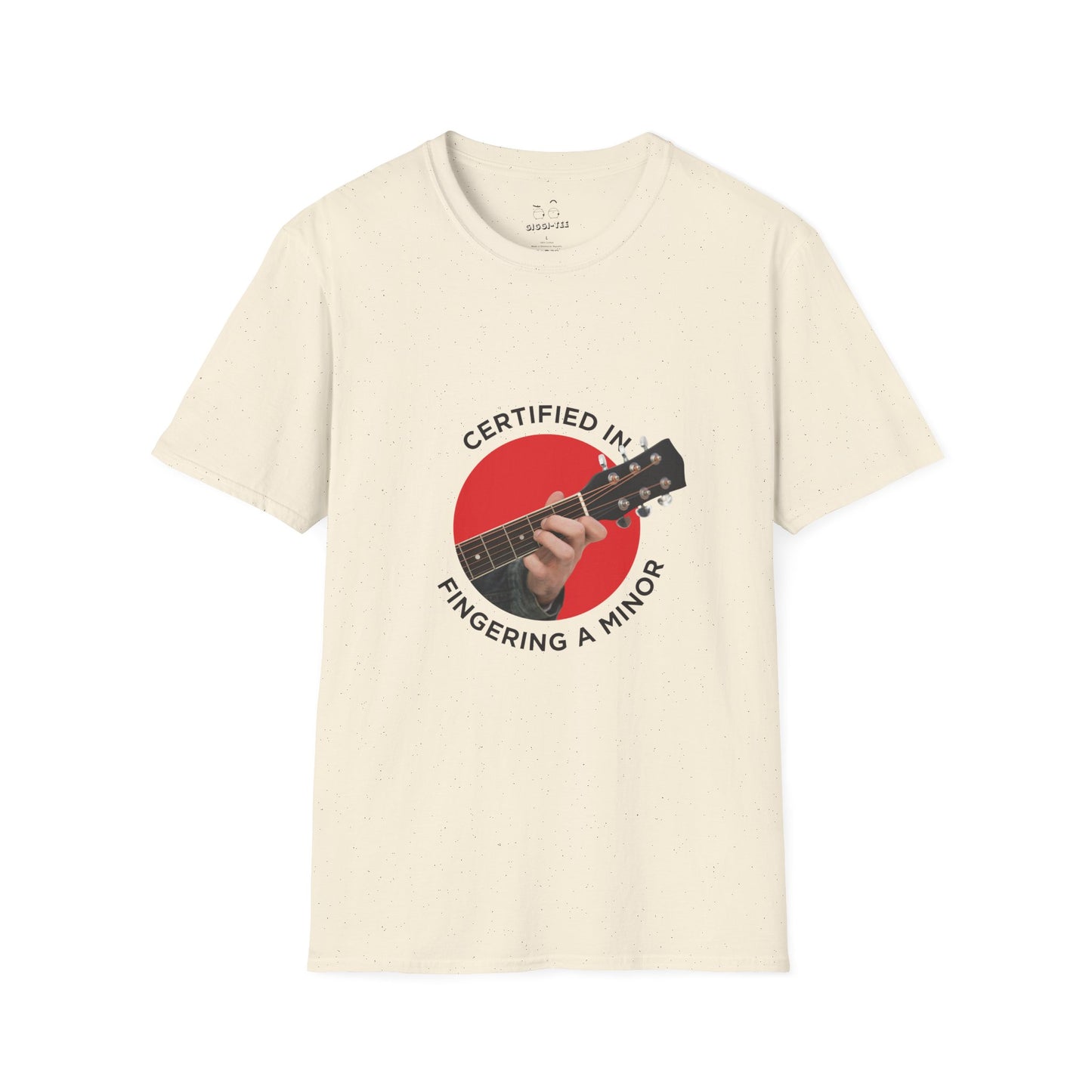 Funny t-shirt showing a hand fingering the A minor guitar chord with the phrase “Certified in Fingering A Minor,” cheeky pun for musicians.