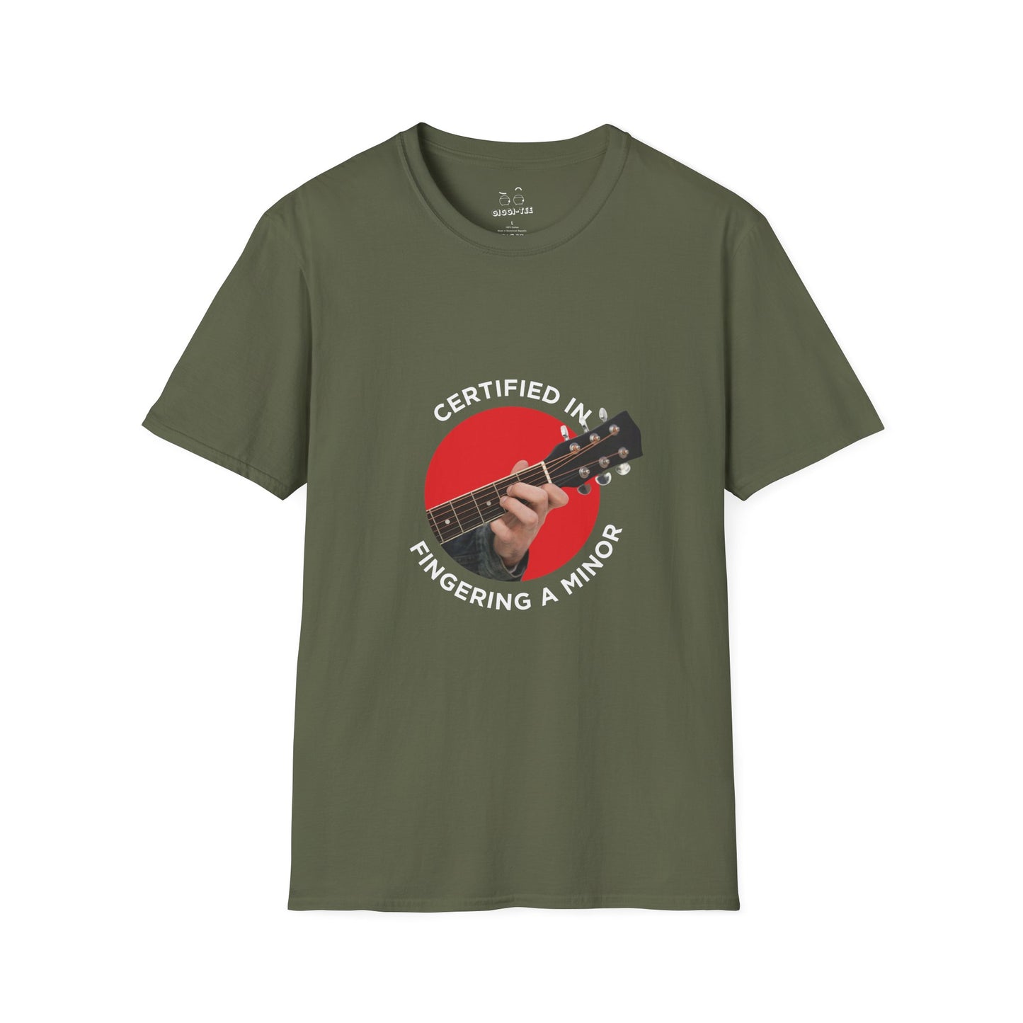 Funny t-shirt showing a hand fingering the A minor guitar chord with the phrase “Certified in Fingering A Minor,” cheeky pun for musicians.
