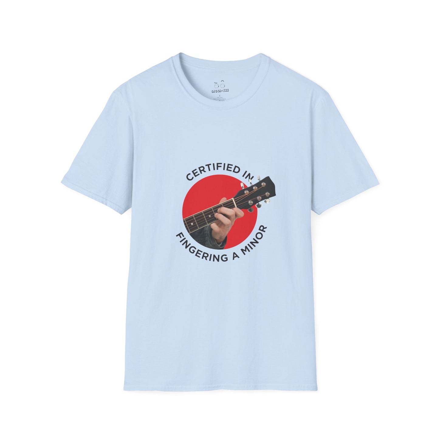 Funny t-shirt showing a hand fingering the A minor guitar chord with the phrase “Certified in Fingering A Minor,” cheeky pun for musicians.