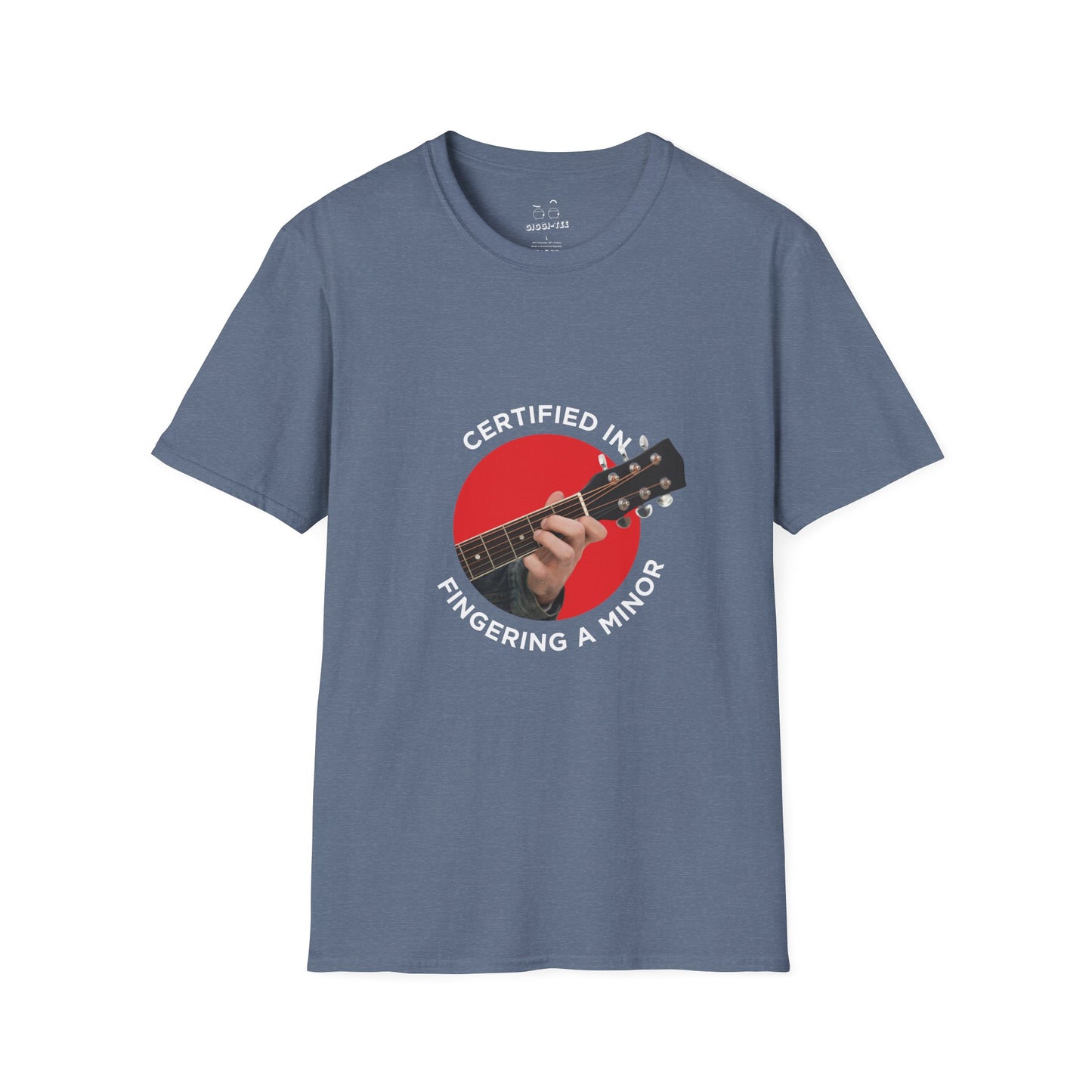 Funny t-shirt showing a hand fingering the A minor guitar chord with the phrase “Certified in Fingering A Minor,” cheeky pun for musicians.