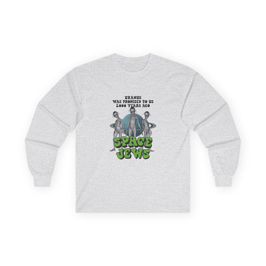Aliens in front of Uranus, bold text: ‘Uranus was promised to us 3000 years ago – Space Jews.’ Political satire t-shirt.