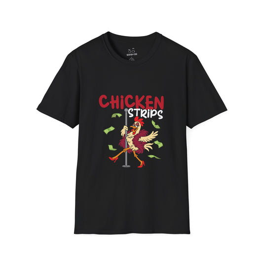Humorous cartoon chicken wearing a fur coat and dancing on a stripper pole with dollar bills flying around, parody t-shirt design playing on the phrase ‘chicken strips.