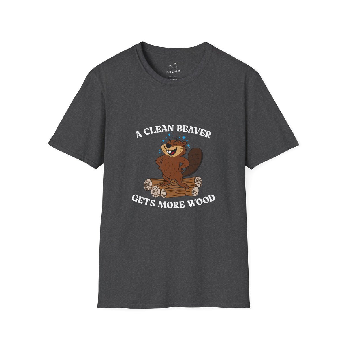 Clean cartoon beaver standing proudly on a pile of wood logs with a confident pose and humorous pun a clean beaver gets more wood long sleeve shirt