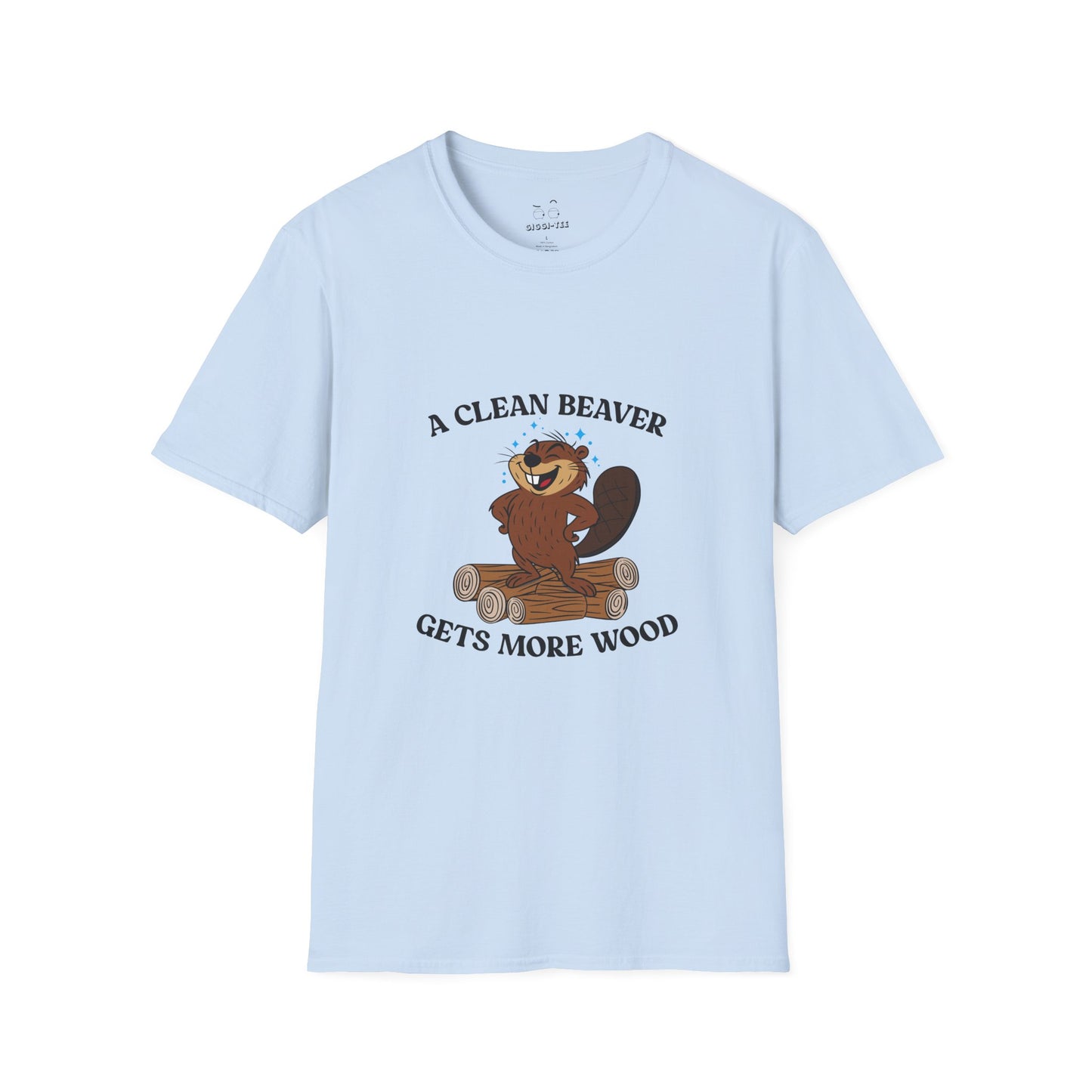 Clean cartoon beaver standing proudly on a pile of wood logs with a confident pose and humorous pun a clean beaver gets more wood shirt