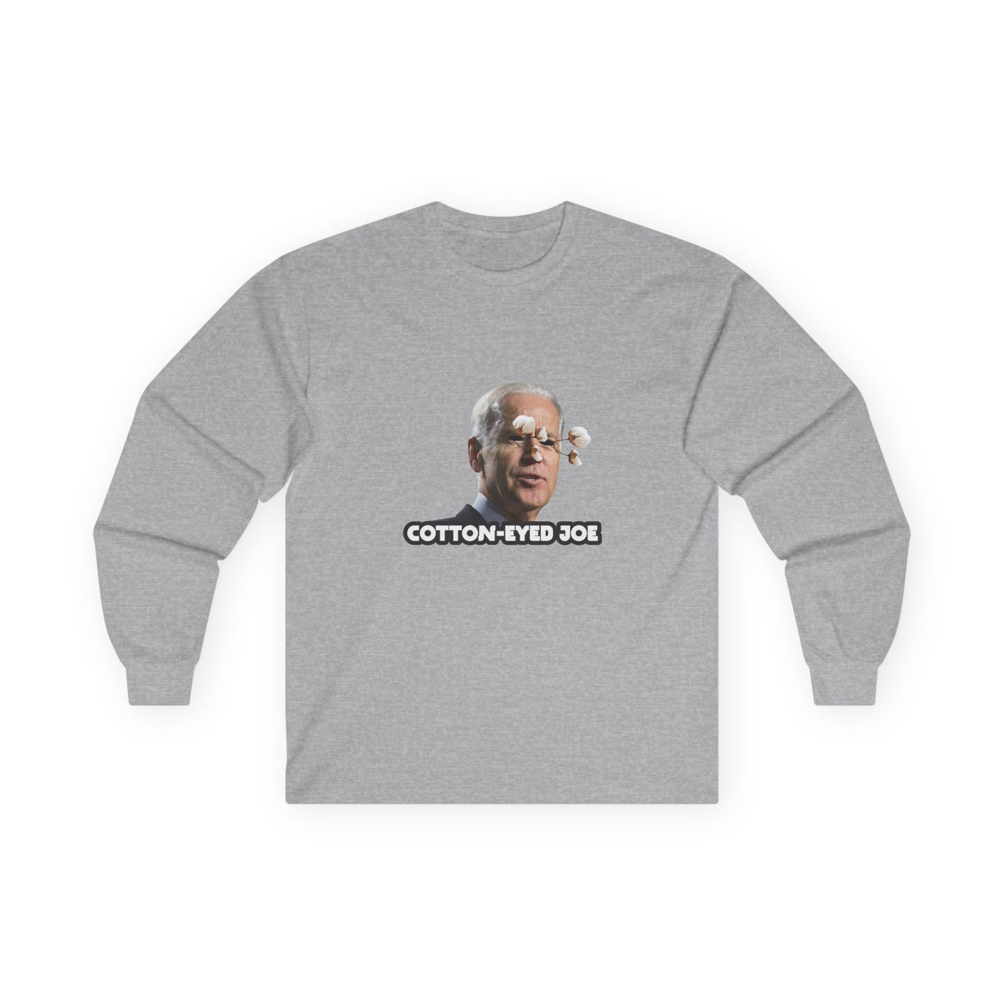 Joe Biden parody with cotton balls coming out of his eyes — funny “Cotton Eyed Joe” pun shirt blending politics and absurd humor