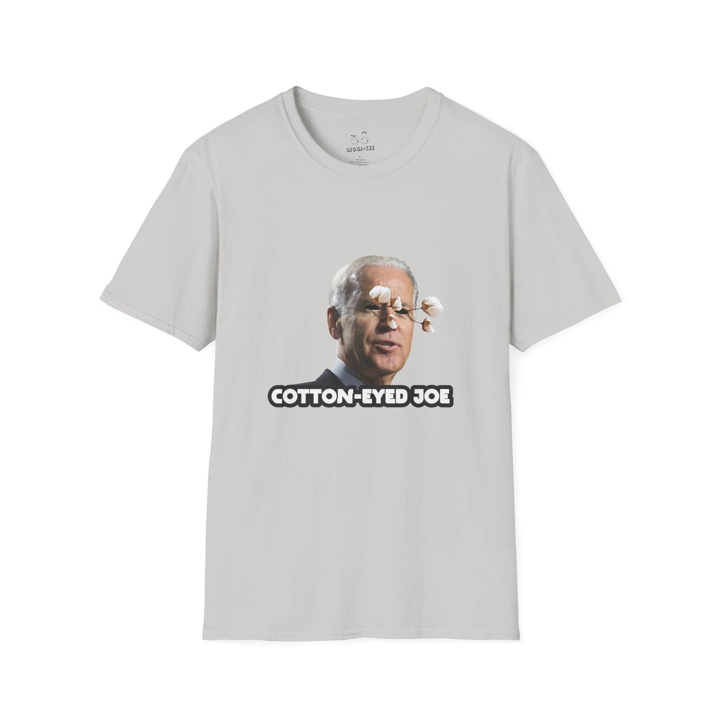 Joe Biden parody with cotton balls coming out of his eyes — funny “Cotton Eyed Joe” pun shirt blending politics and absurd humor