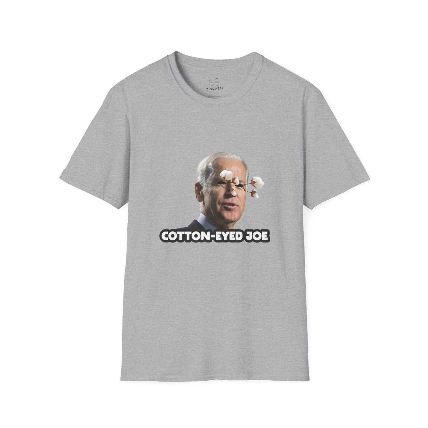 Joe Biden parody with cotton balls coming out of his eyes — funny “Cotton Eyed Joe” pun shirt blending politics and absurd humor