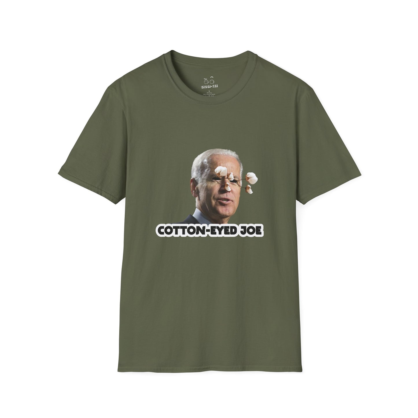 Joe Biden parody with cotton balls coming out of his eyes — funny “Cotton Eyed Joe” pun shirt blending politics and absurd humor