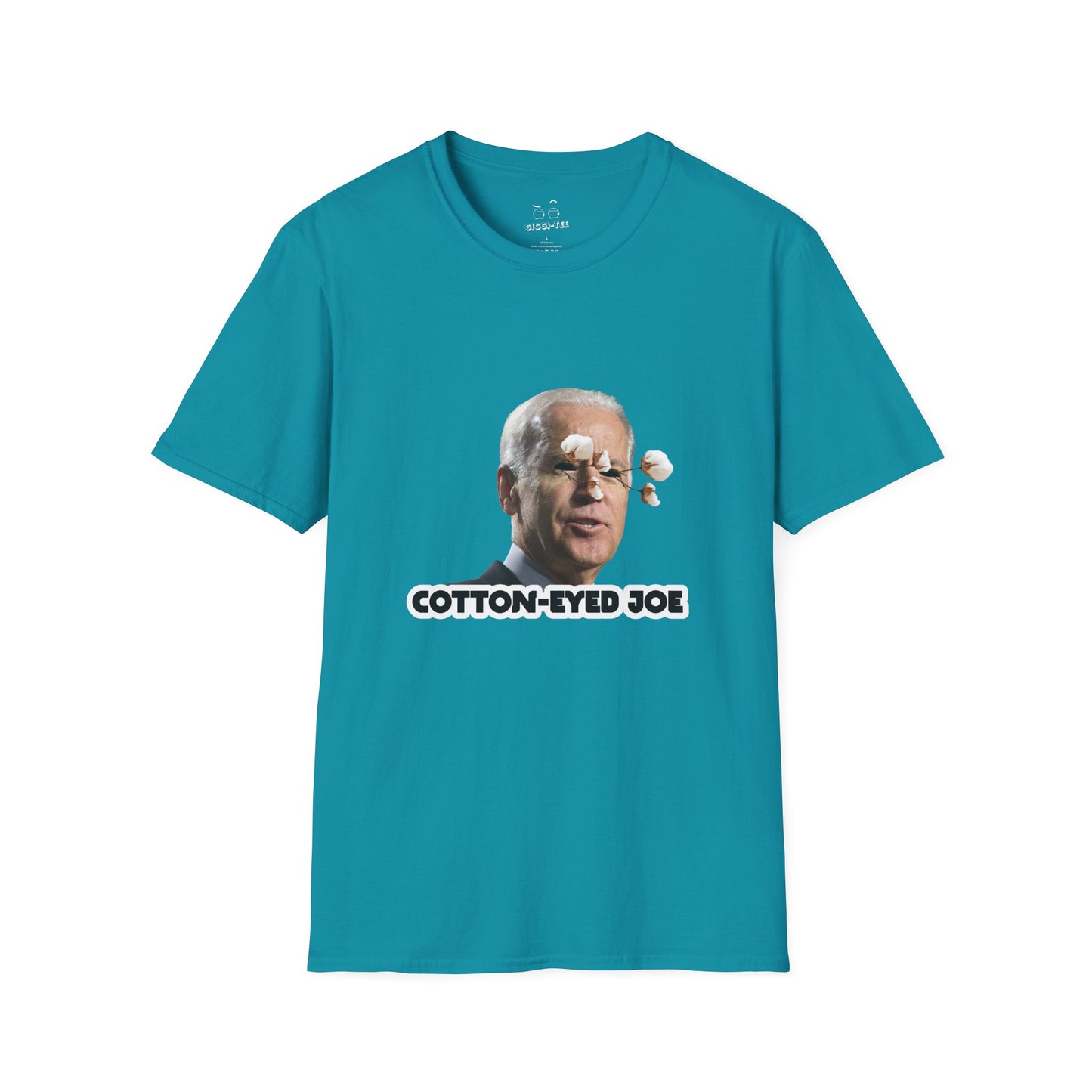 Joe Biden parody with cotton balls coming out of his eyes — funny “Cotton Eyed Joe” pun shirt blending politics and absurd humor