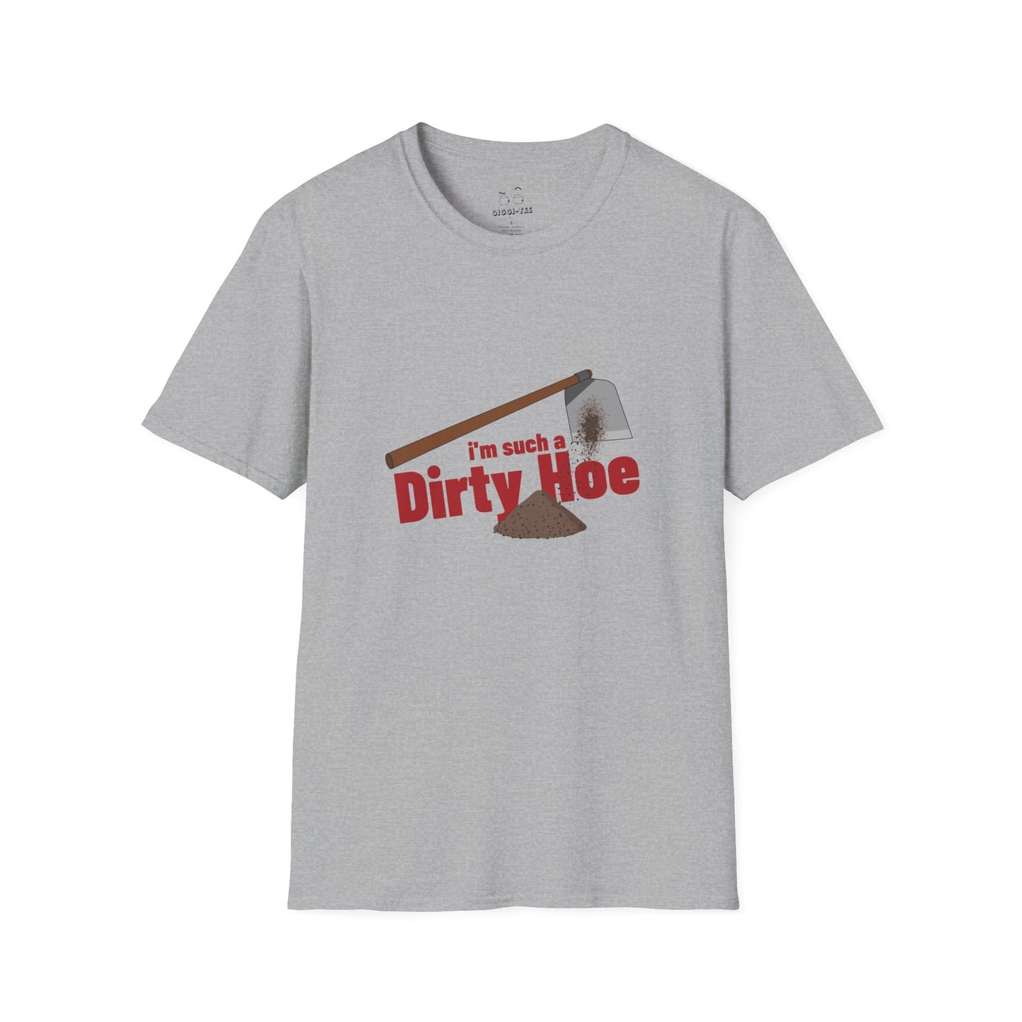 Funny gardening shirt with text “I’m Such a Dirty Hoe” and illustration of a dirt-covered garden hoe.