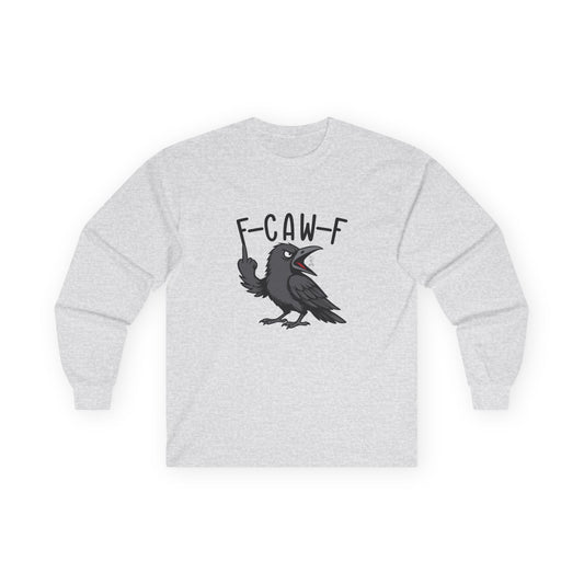 Black crow with attitude on shirt, text reading ‘F Caw F’ in bold letters