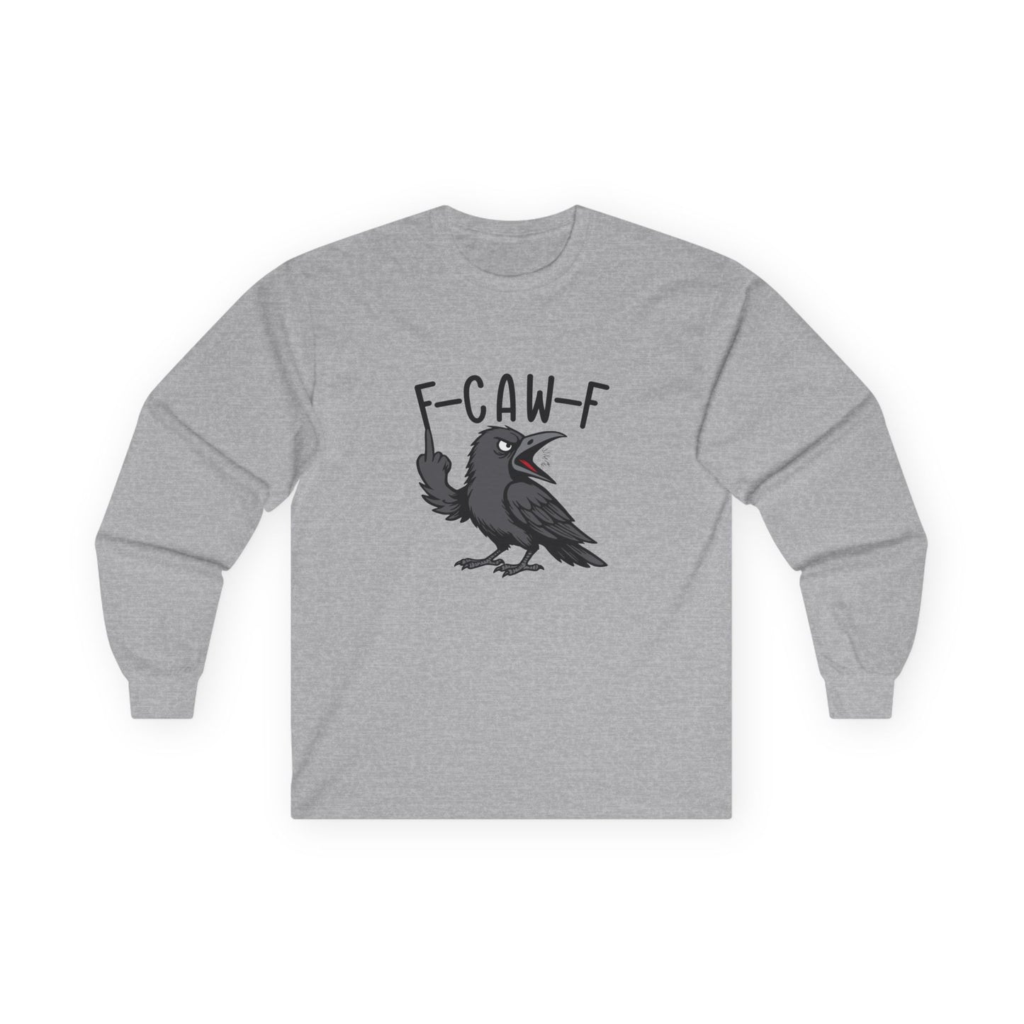 Black crow with attitude on shirt, text reading ‘F Caw F’ in bold letters