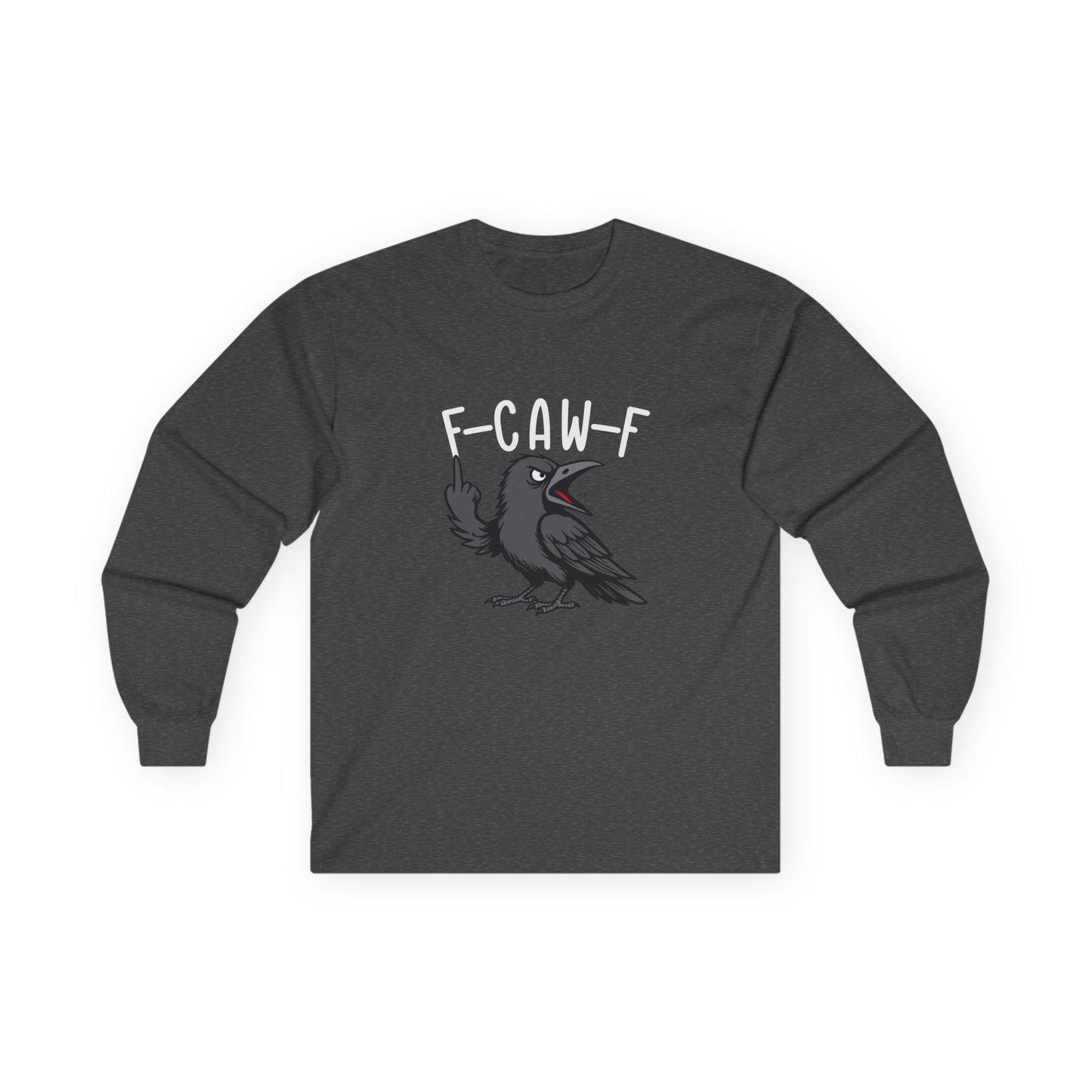 Black crow with attitude on shirt, text reading ‘F Caw F’ in bold letters