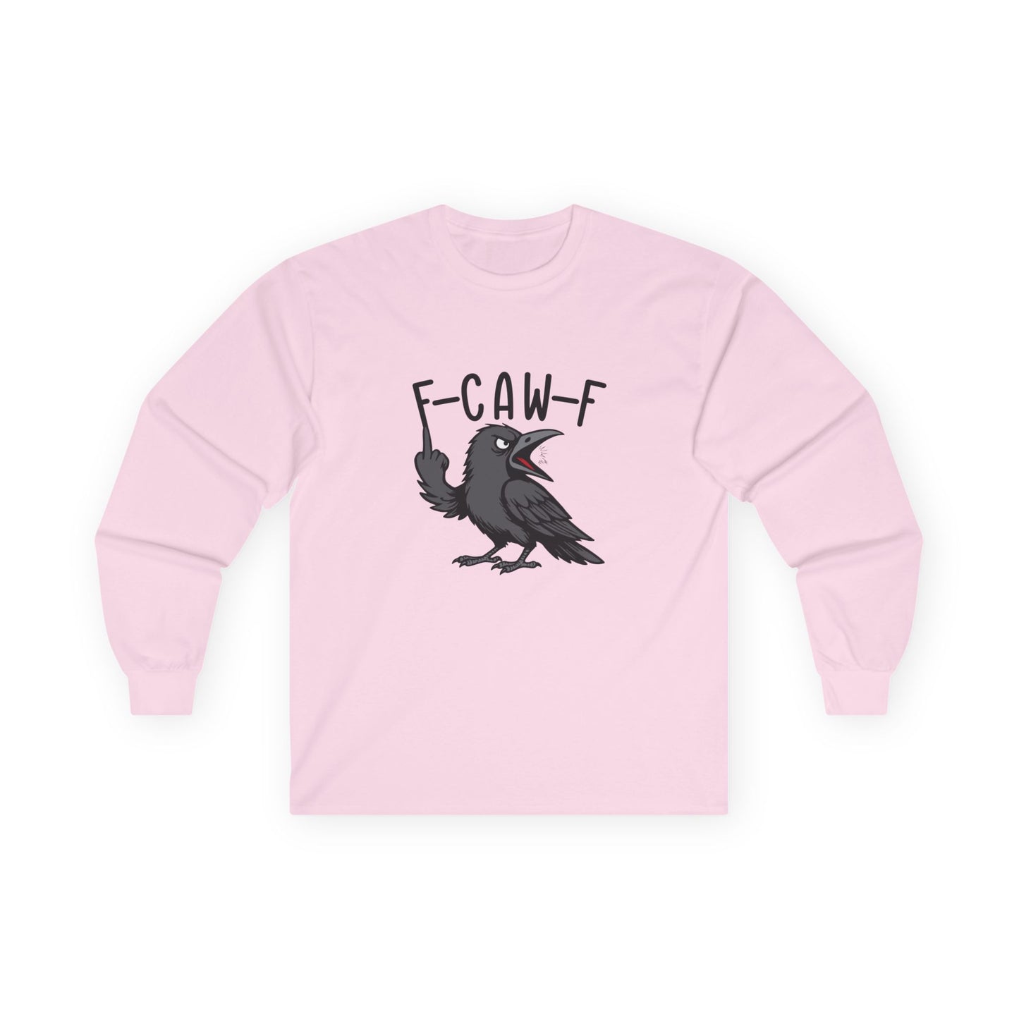 Black crow with attitude on shirt, text reading ‘F Caw F’ in bold letters
