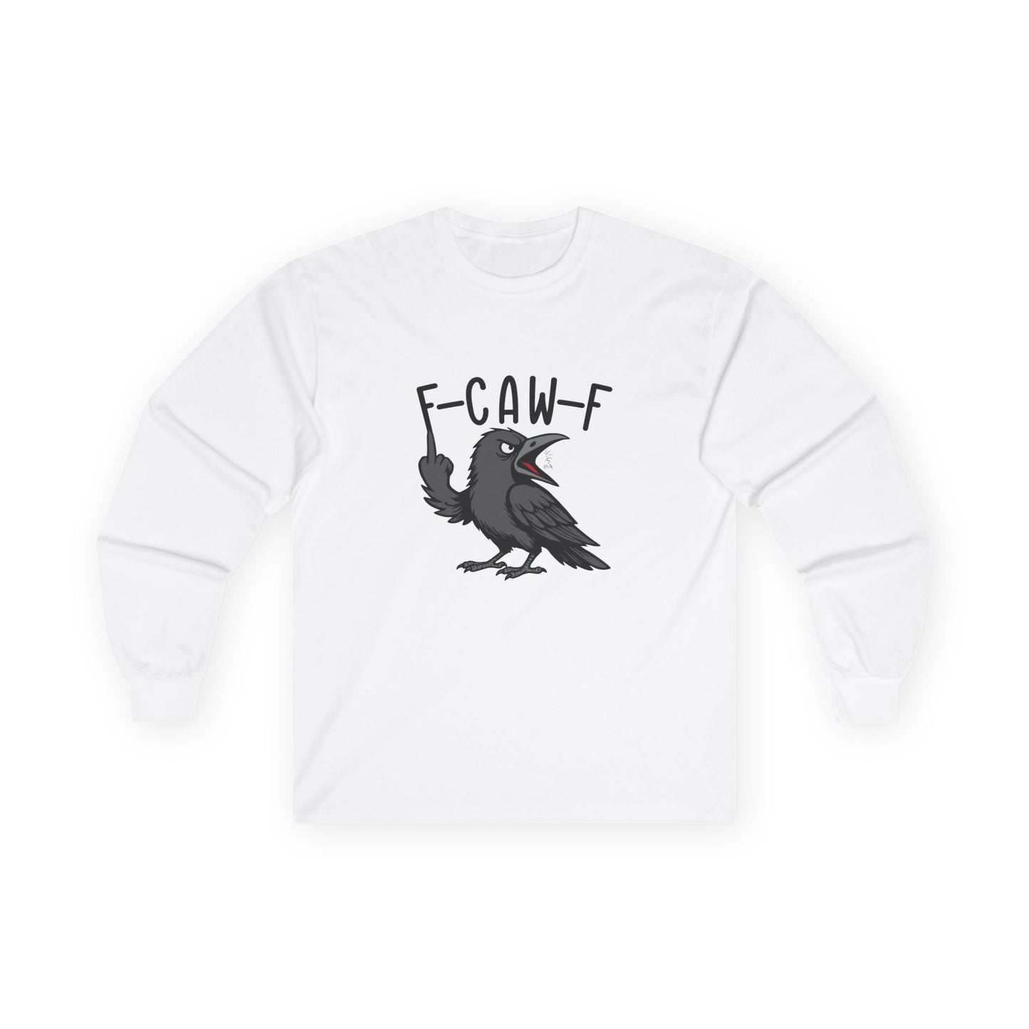 Black crow with attitude on shirt, text reading ‘F Caw F’ in bold letters