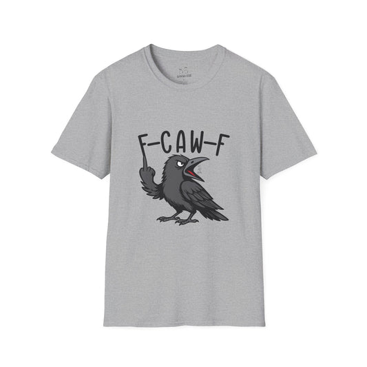 Black crow with attitude on shirt, text reading ‘F Caw F’ in bold letters