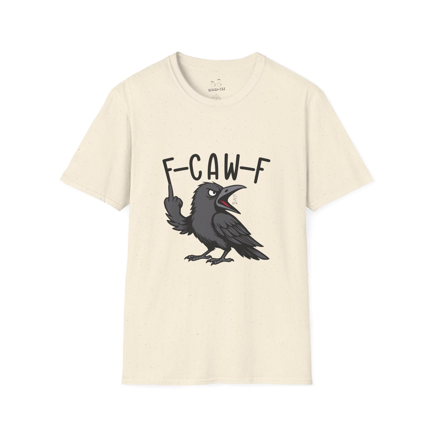 Black crow with attitude on shirt, text reading ‘F Caw F’ in bold letters