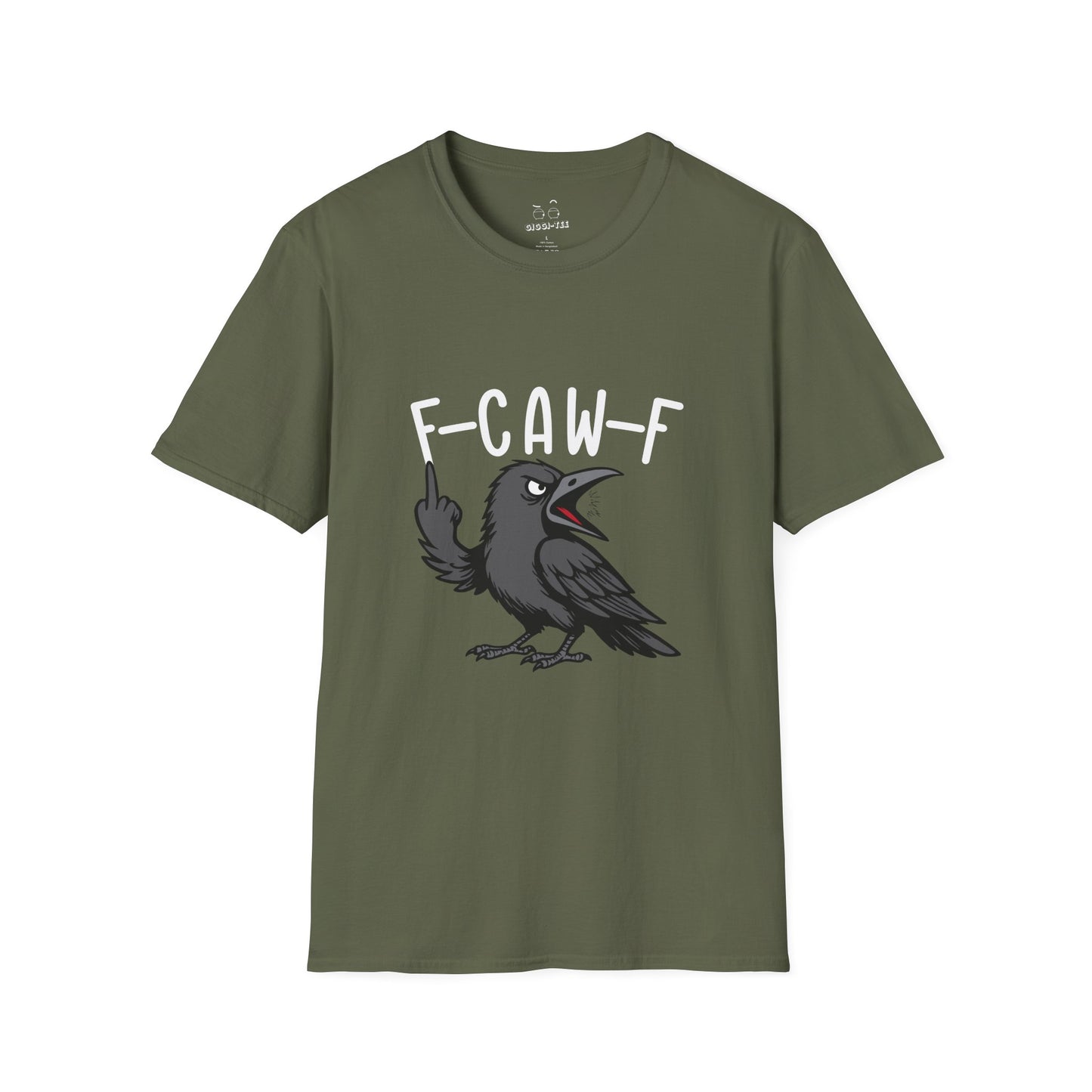 Black crow with attitude on shirt, text reading ‘F Caw F’ in bold letters