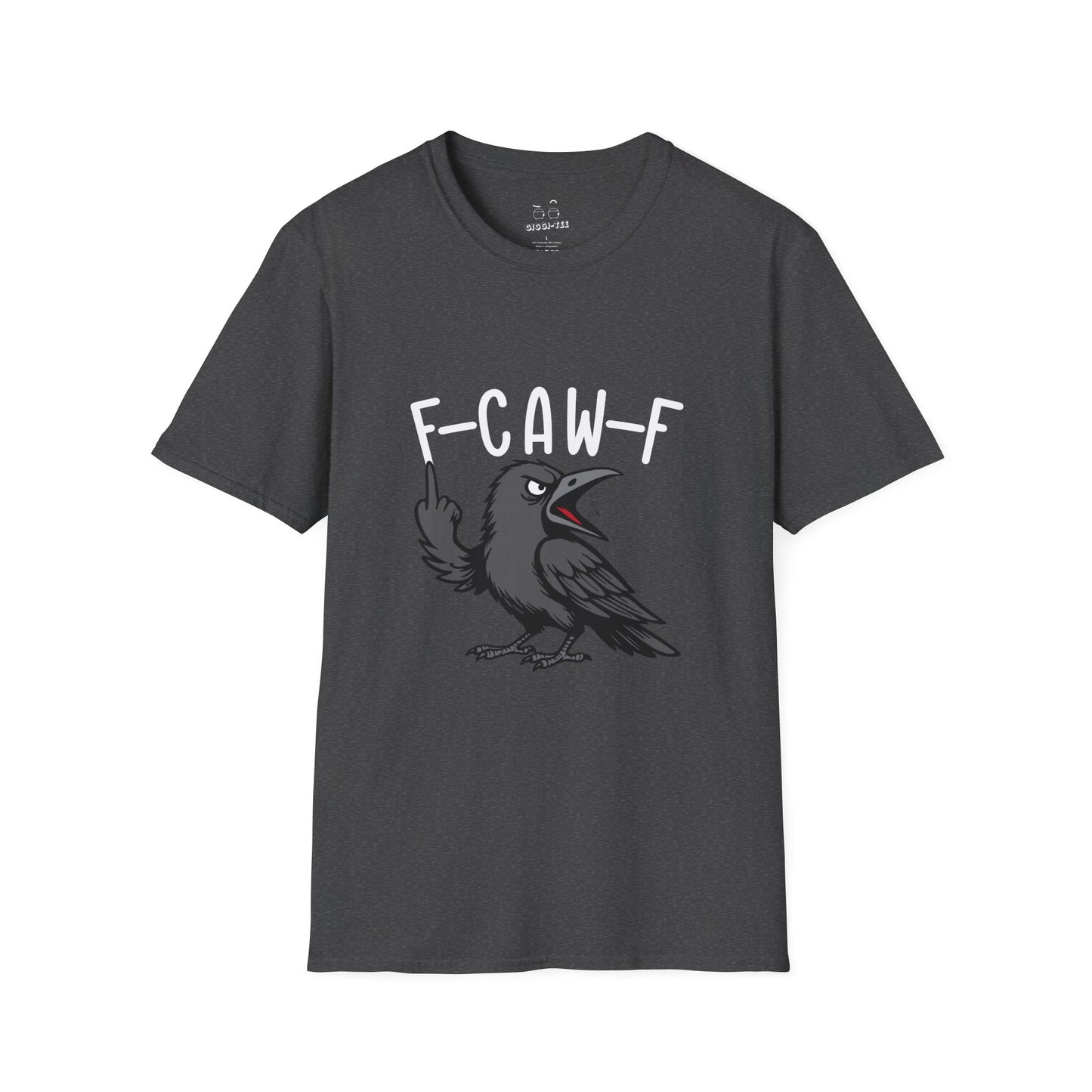 Black crow with attitude on shirt, text reading ‘F Caw F’ in bold letters